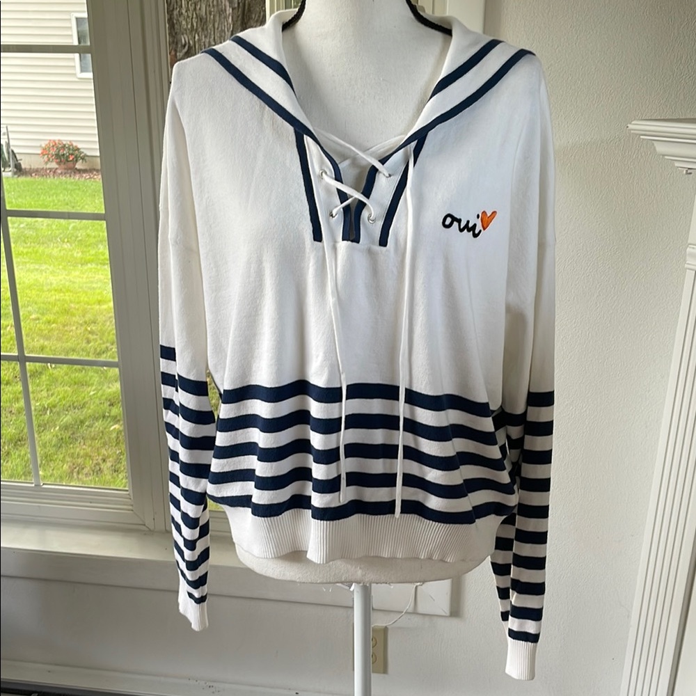 Oui Sailor-Striped Lace-Up Sweater - White & Navy